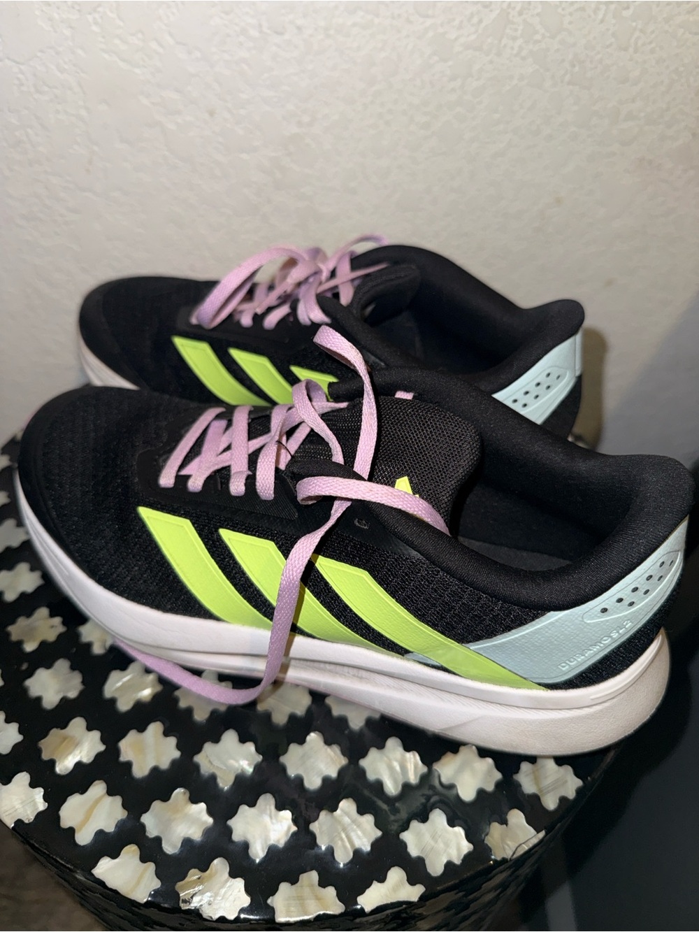 Adidas Women’s 8.5 Black Athletic Sneakers with Neon Green Stripes/ Worn once